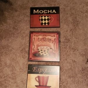 3 wooden coffee themed kitchen art decor